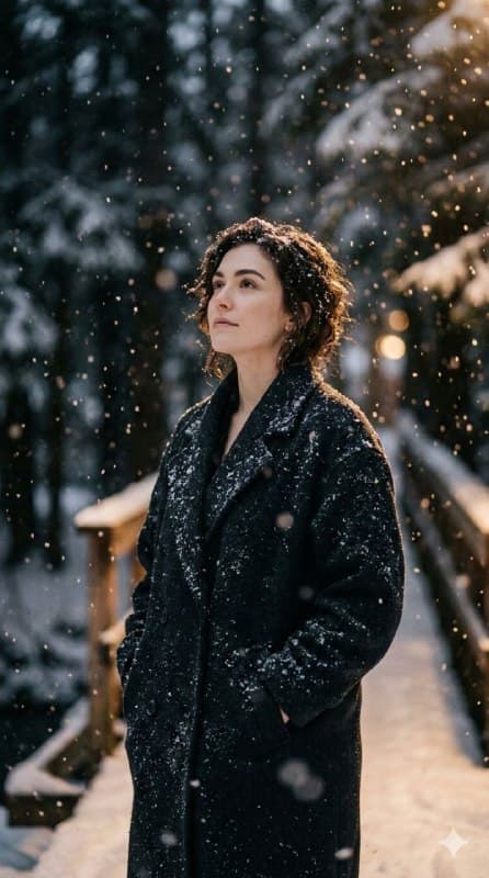 Снежный кинематографичный портрет по фото нейросеть