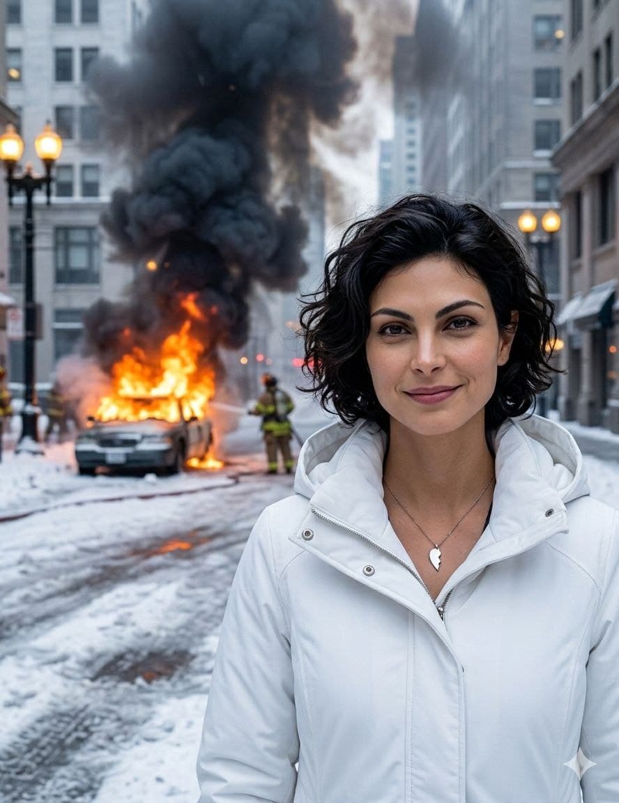 Девушка и горящая машина зимой по фото нейросеть
