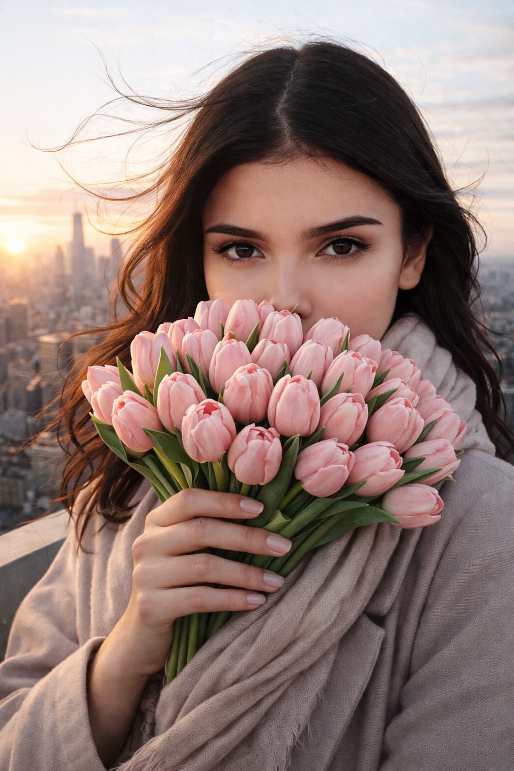 Девушка с тюльпанами на крыше по фото нейросеть